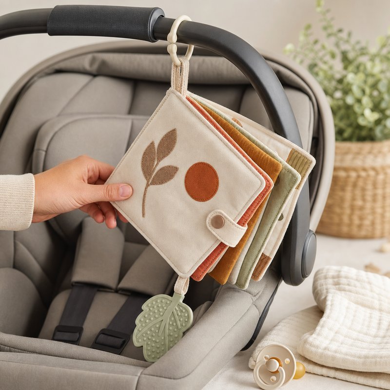 Travel Soothing Cloth Book with Clip size comparison with baby hands