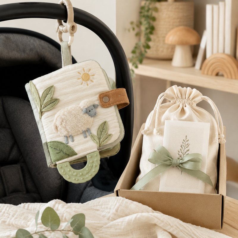 Travel Soothing Cloth Book with Clip gift-ready packaging and details