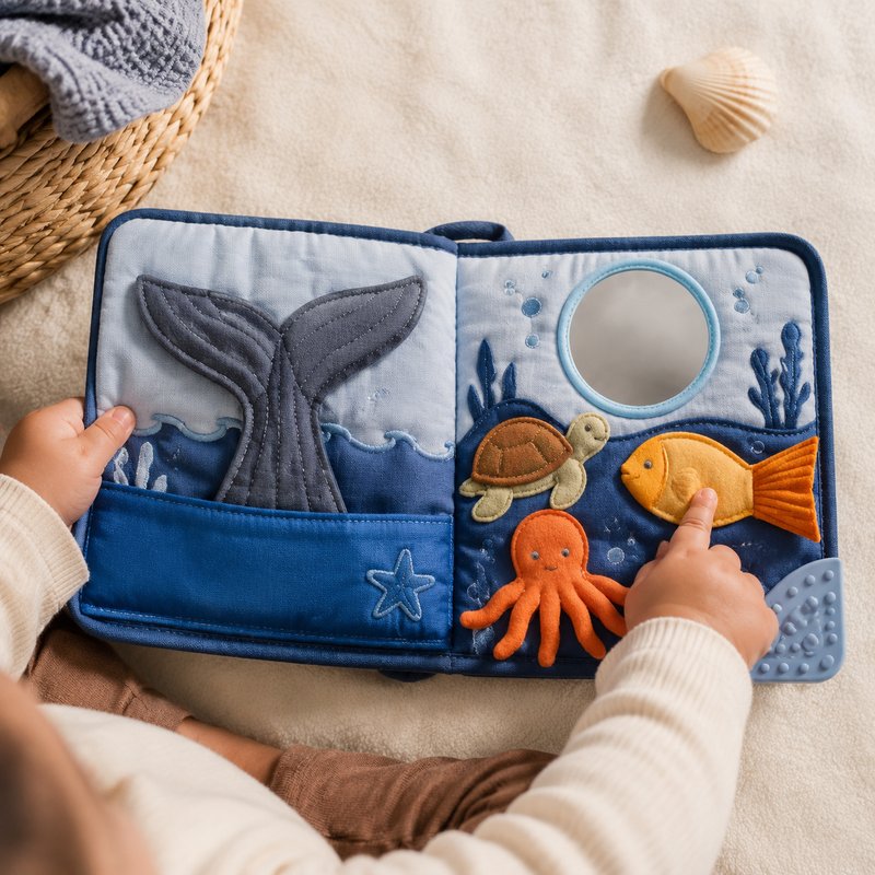 Ocean Tails Touch & Mirror Cloth Book in use — baby playing with cloth book