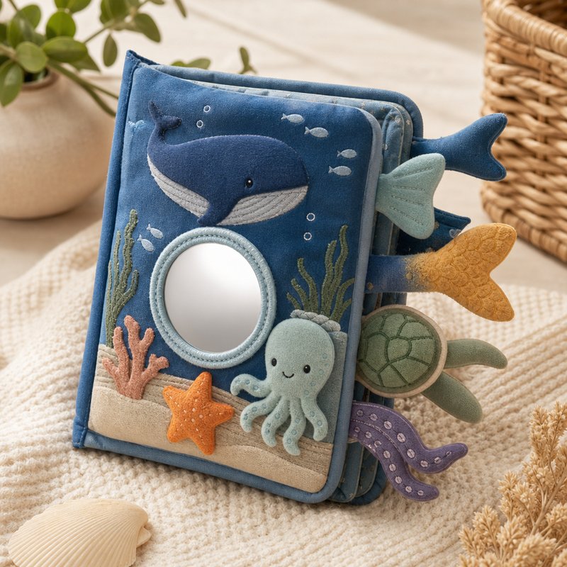 Ocean Tails Touch & Mirror Cloth Book fabric texture and stitching details