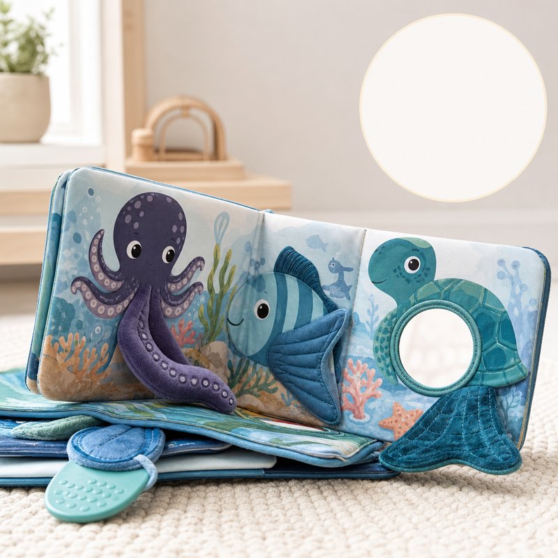 Ocean Tails Touch & Mirror Cloth Book safety features — baby-safe construction