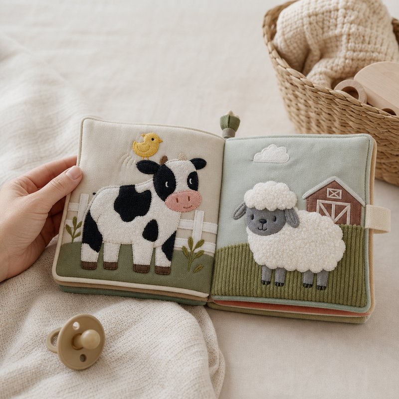 Farm Animal Sound Cloth Book size comparison with baby hands
