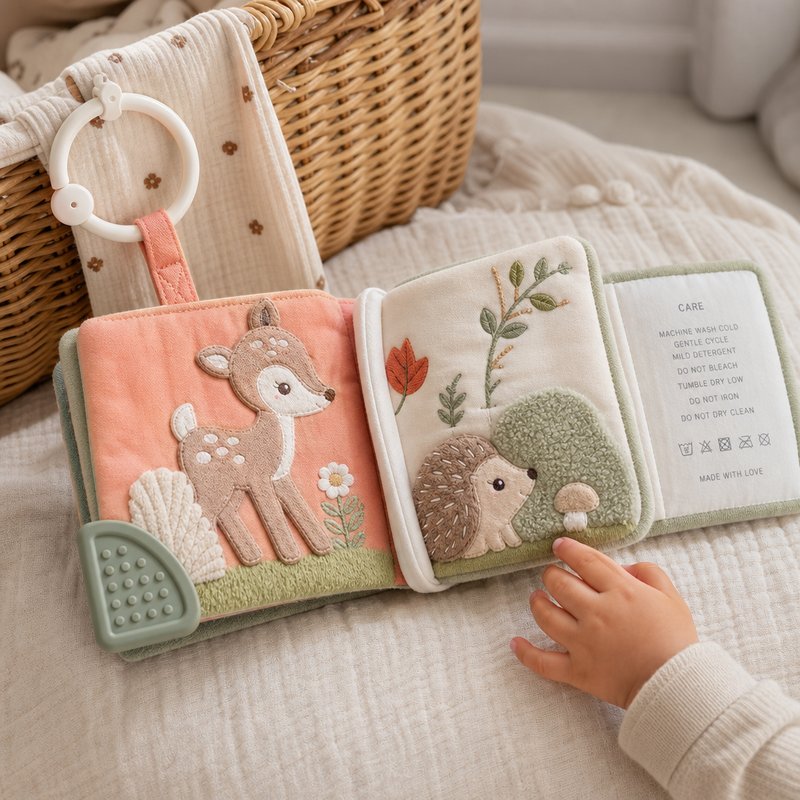 Washable Cloth Book with Care Label & Clip Ring in use — baby playing with cloth book