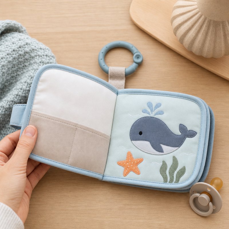 Washable Cloth Book with Care Label & Clip Ring size comparison with baby hands