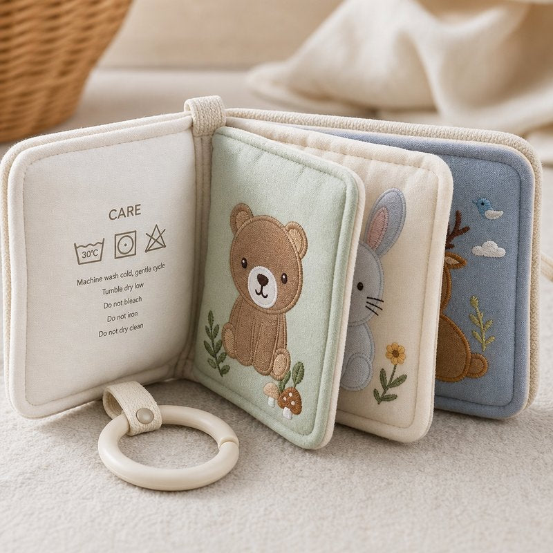 Washable Cloth Book with Care Label & Clip Ring fabric texture and stitching details