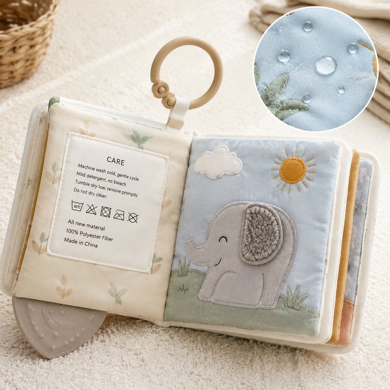 Washable Cloth Book with Care Label & Clip Ring safety features — baby-safe construction