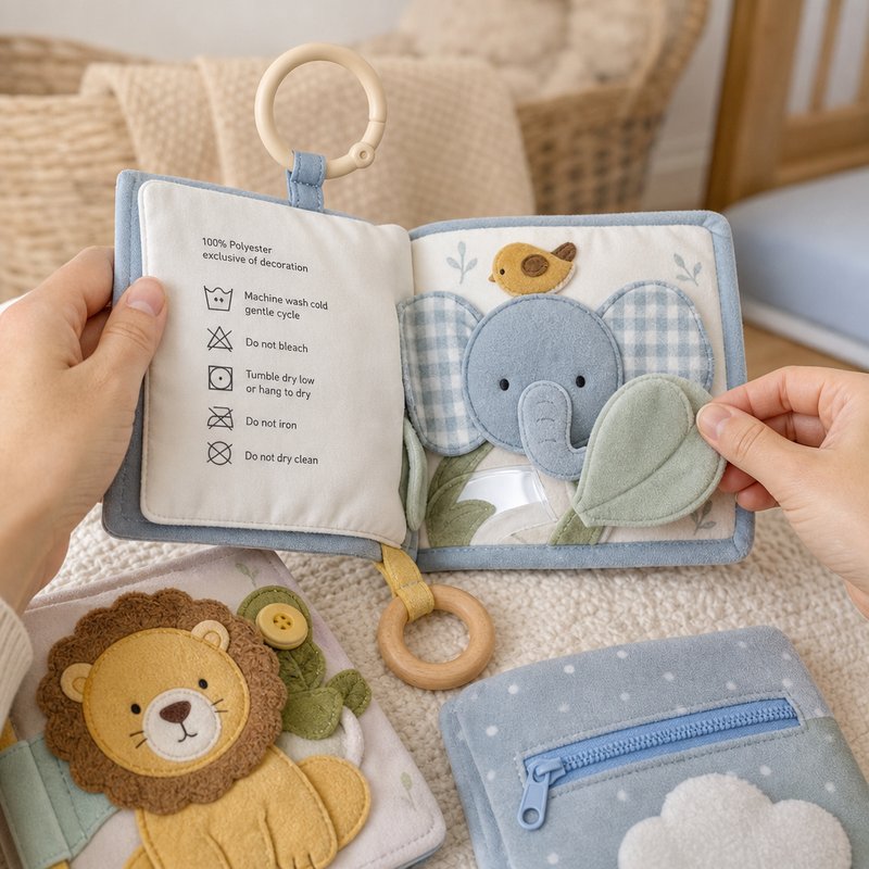 Washable Cloth Book with Care Label & Clip Ring interactive play demonstration