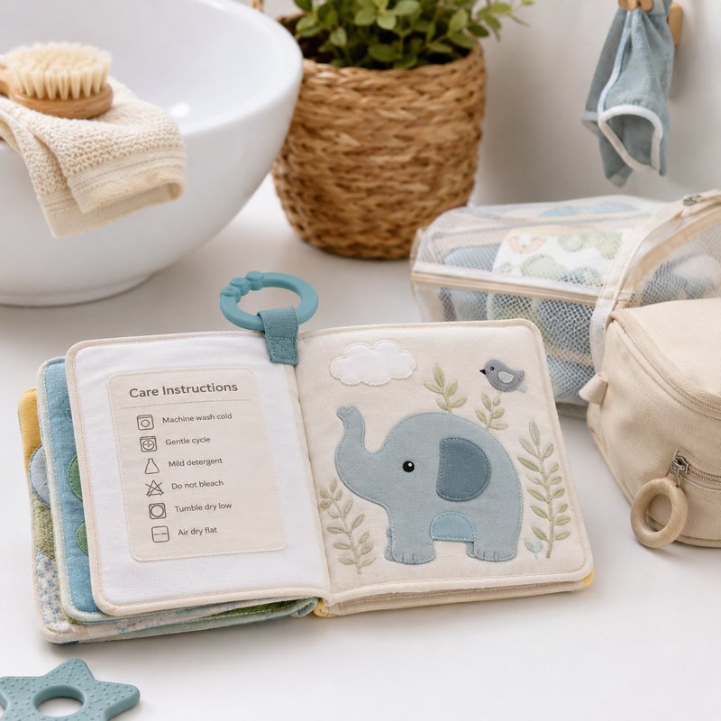 Washable Cloth Book with Care Label & Clip Ring care and cleaning instructions