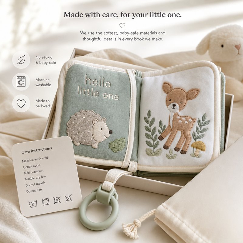Washable Cloth Book with Care Label & Clip Ring gift-ready packaging and details