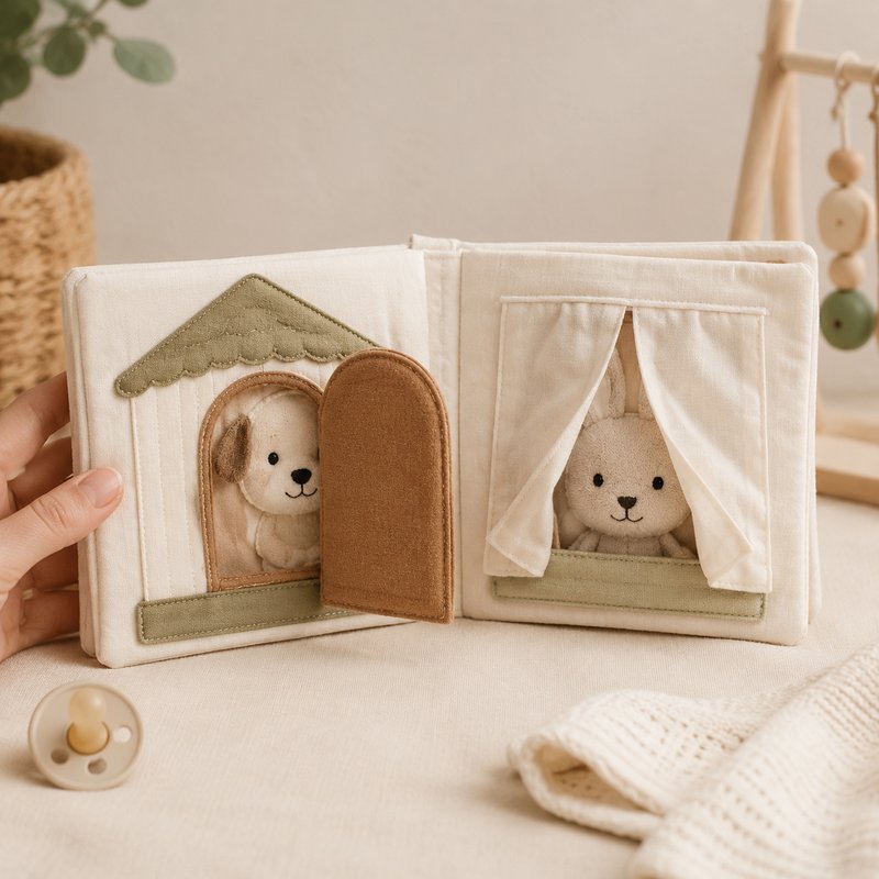 Lift-the-Flap Discovery Cloth Book size comparison with baby hands