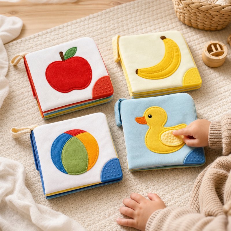 Color Sorting First Concepts Cloth Book in use — baby playing with cloth book