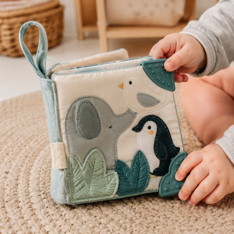 Original Animal Teether Cloth Book in use — baby playing with cloth book