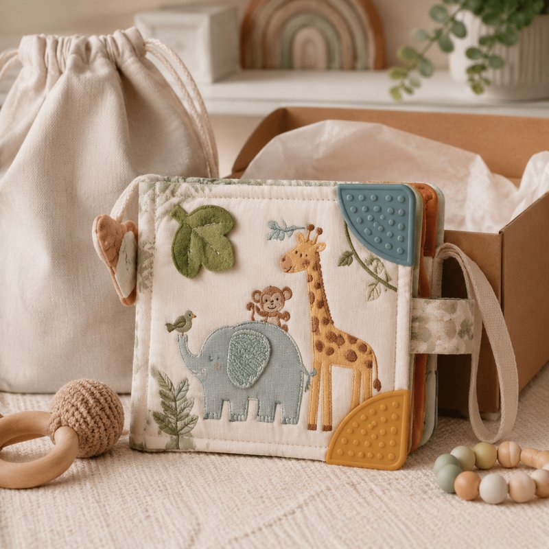 Original Animal Teether Cloth Book gift-ready packaging and details