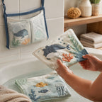 Quick-Dry Anti-Mildew Bath Cloth Book in use — baby playing with cloth book