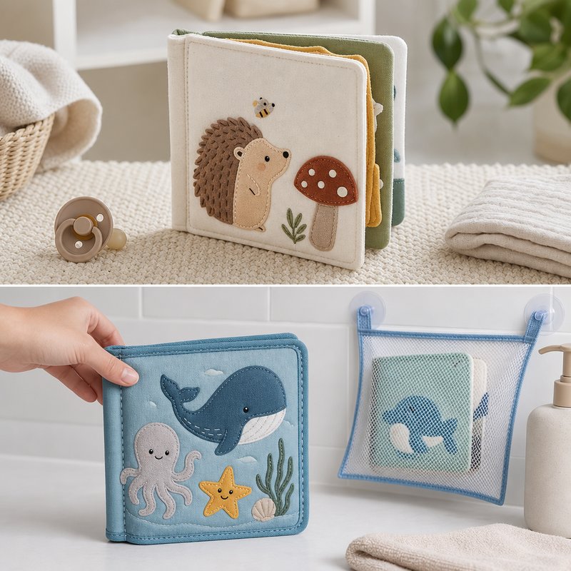 Quick-Dry Anti-Mildew Bath Cloth Book size comparison with baby hands