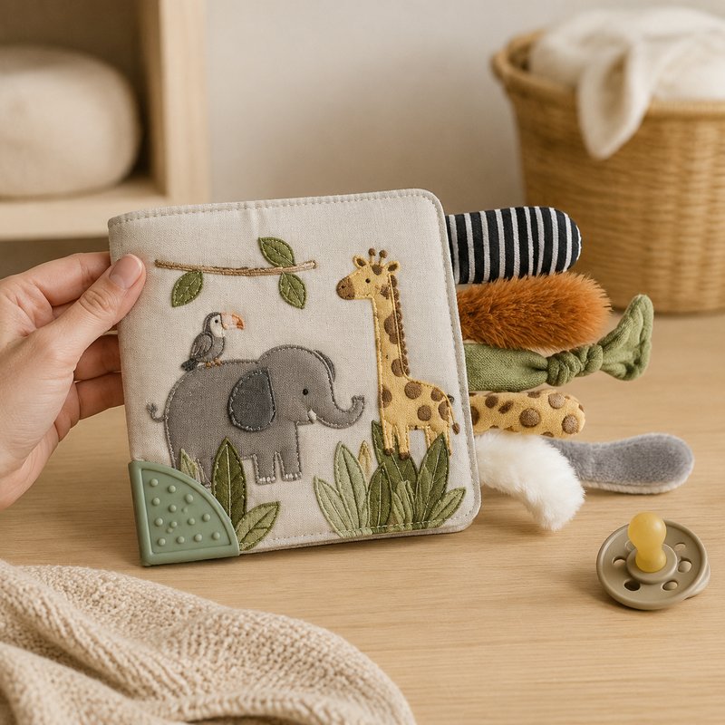 Touch Tails + Teether Combo Cloth Book size comparison with baby hands