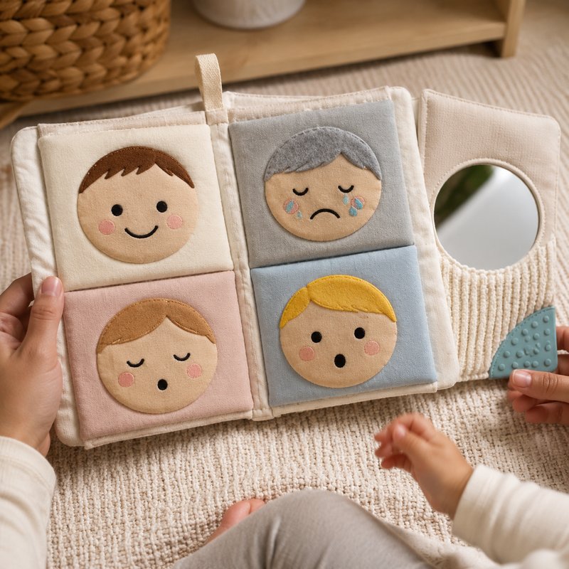 Emotion Faces Mirror Cloth Book in use — baby playing with cloth book