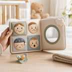 Emotion Faces Mirror Cloth Book size comparison with baby hands