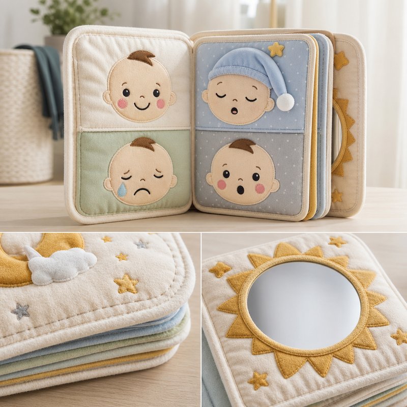 Emotion Faces Mirror Cloth Book fabric texture and stitching details