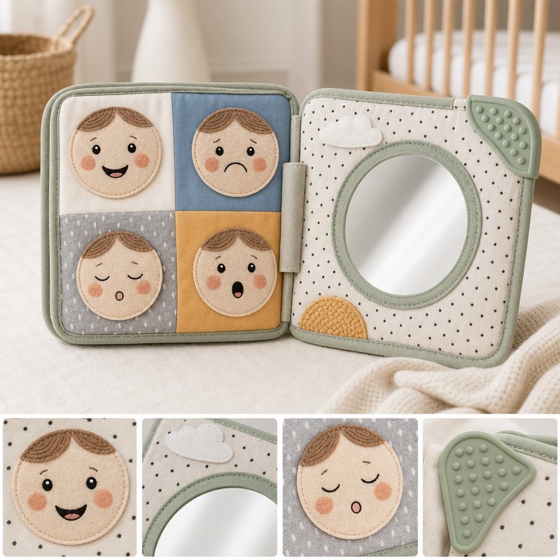 Emotion Faces Mirror Cloth Book safety features — baby-safe construction