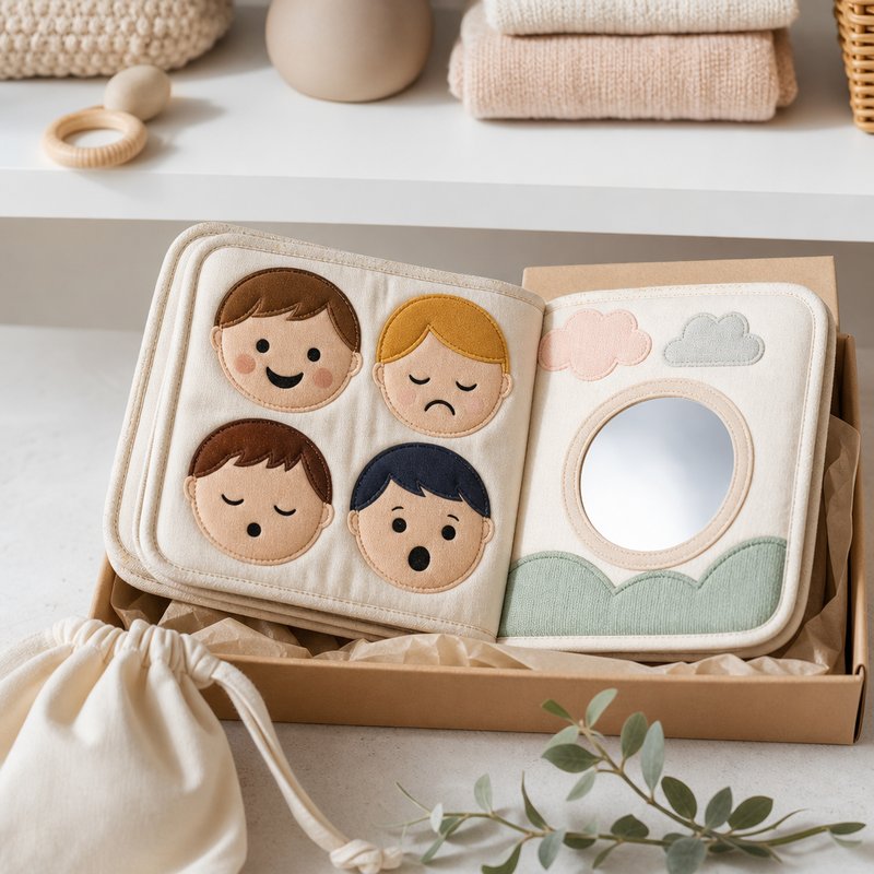 Emotion Faces Mirror Cloth Book gift-ready packaging and details