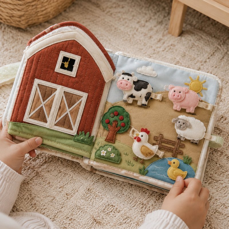 Full Tethered Farm Quiet Book in use — baby playing with cloth book