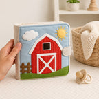 Full Tethered Farm Quiet Book size comparison with baby hands