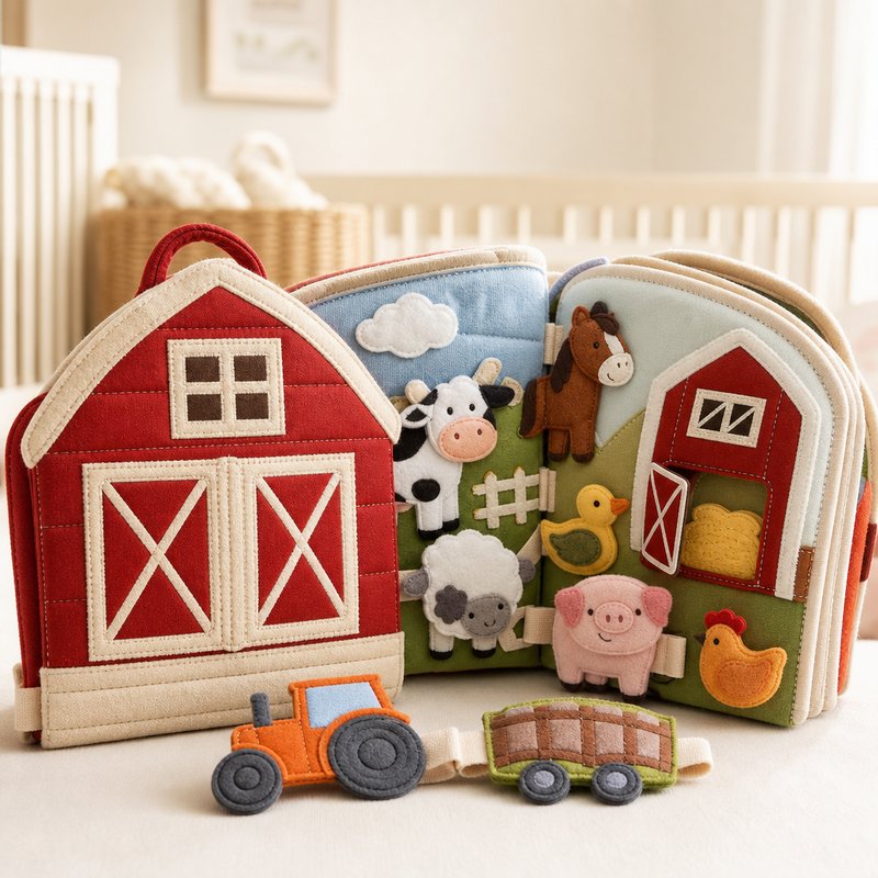 Full Tethered Farm Quiet Book fabric texture and stitching details
