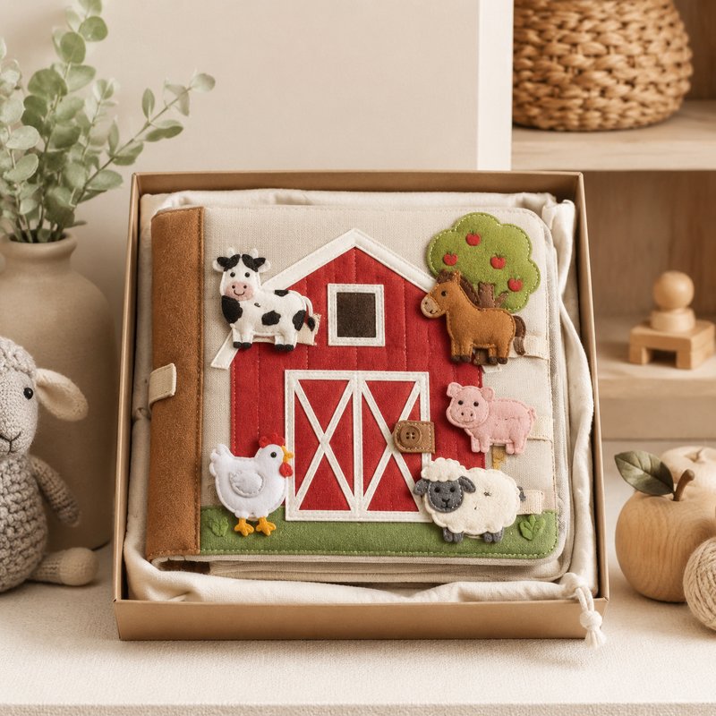Full Tethered Farm Quiet Book gift-ready packaging and details