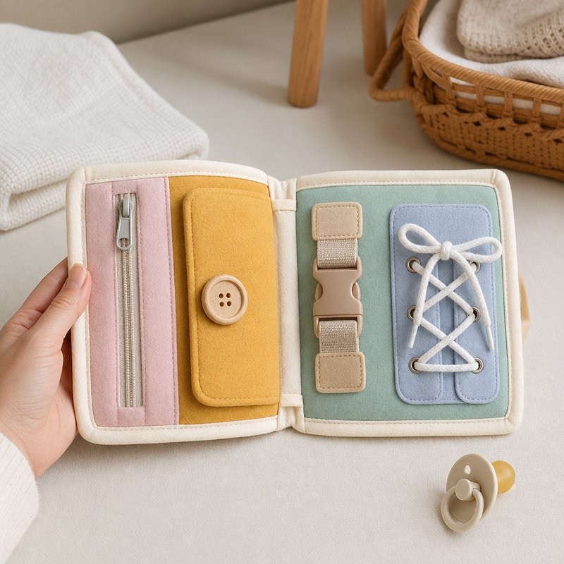 Montessori Life Skills Graduated Busy Book size comparison with baby hands