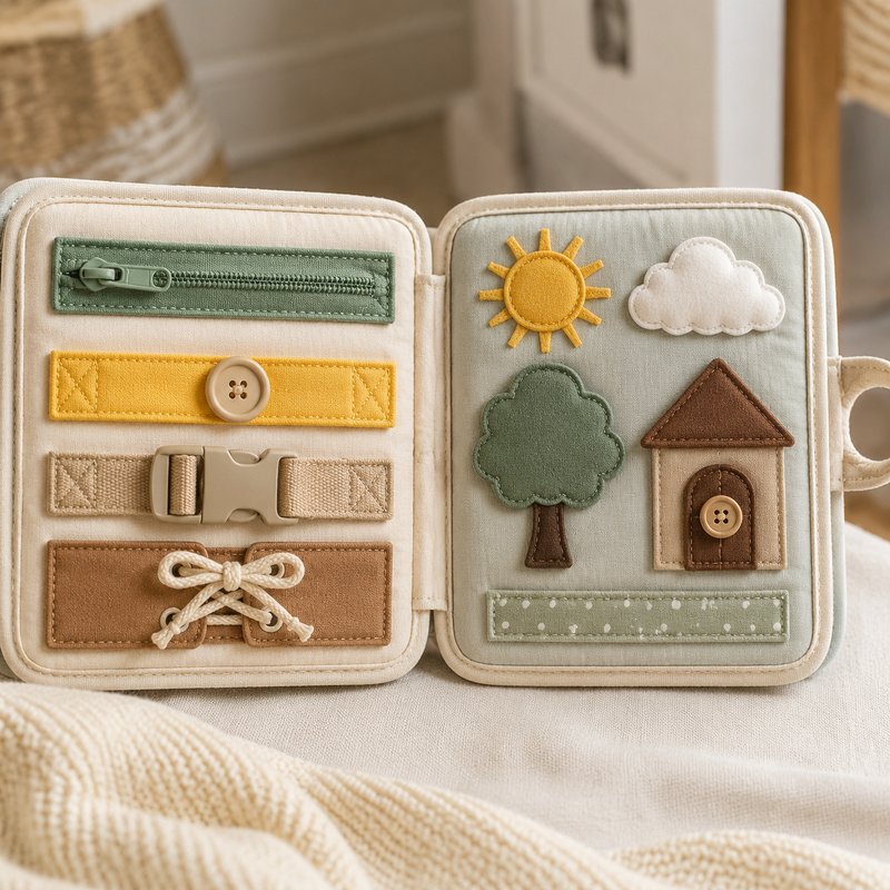Montessori Life Skills Graduated Busy Book fabric texture and stitching details