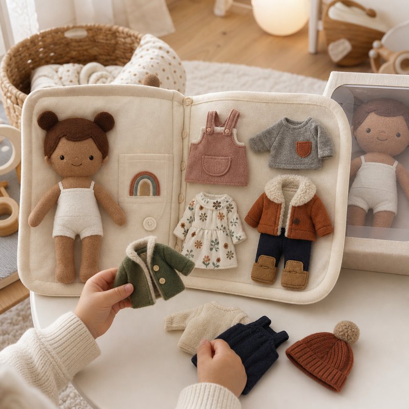 Dress-Up Doll Cloth Activity Book in use — baby playing with cloth book