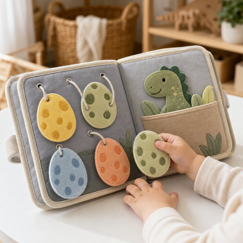 Dinosaur Egg Matching Quiet Book in use — baby playing with cloth book