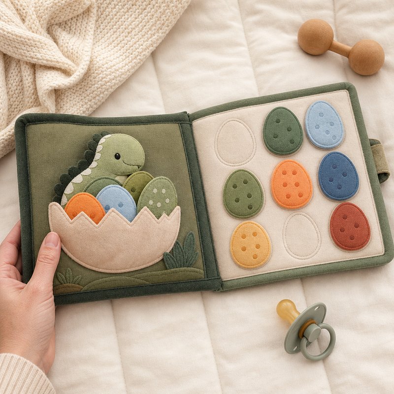 Dinosaur Egg Matching Quiet Book size comparison with baby hands