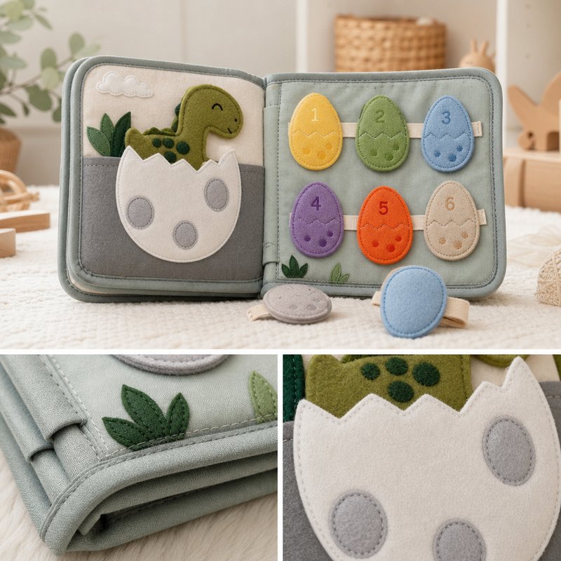 Dinosaur Egg Matching Quiet Book fabric texture and stitching details
