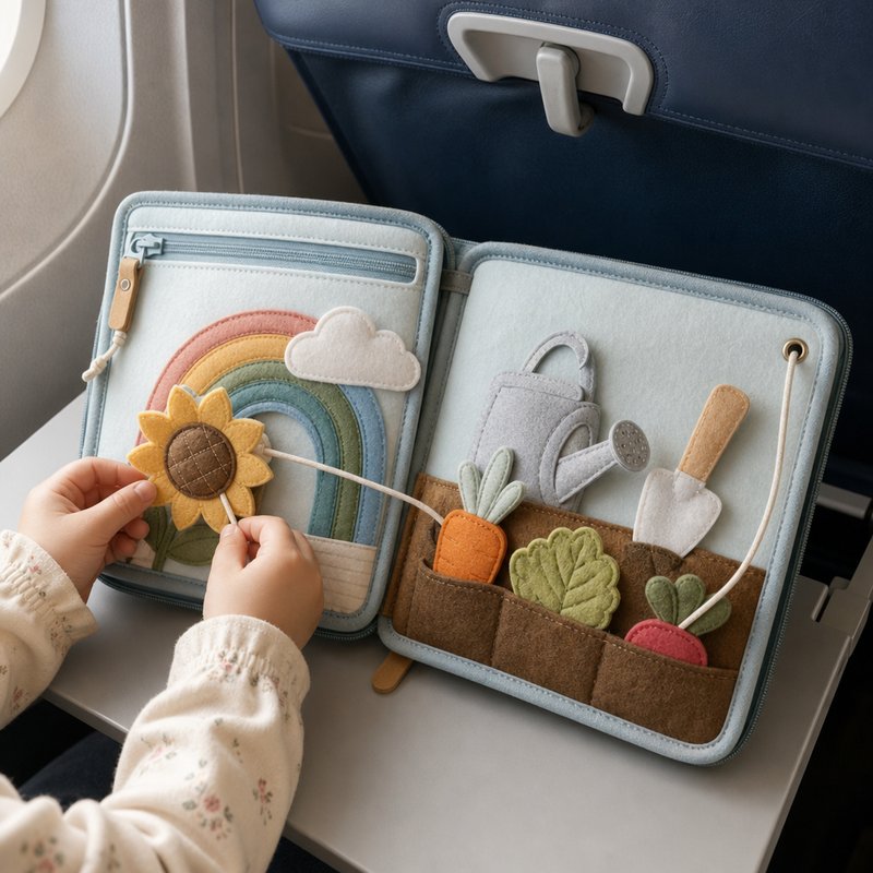 Travel Busy Book in use — baby playing with cloth book