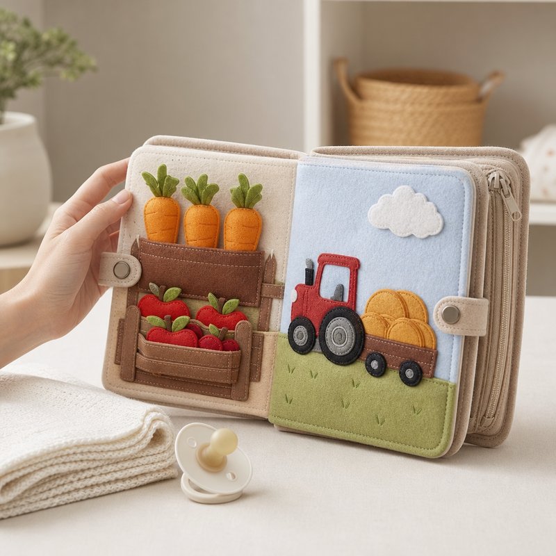 Farm Harvest Sorting Quiet Book size comparison with baby hands