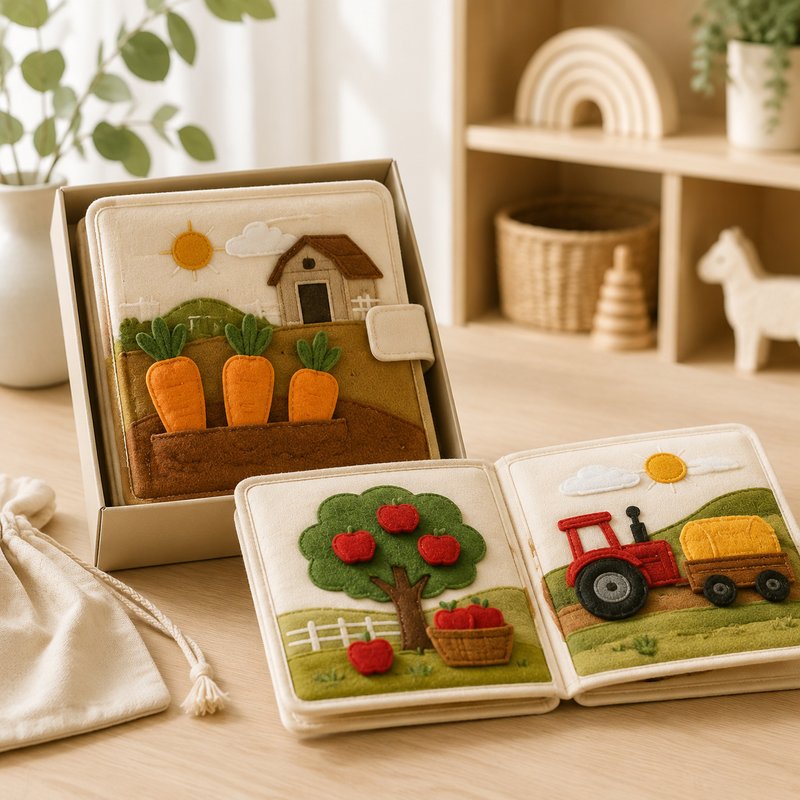 Farm Harvest Sorting Quiet Book gift-ready packaging and details
