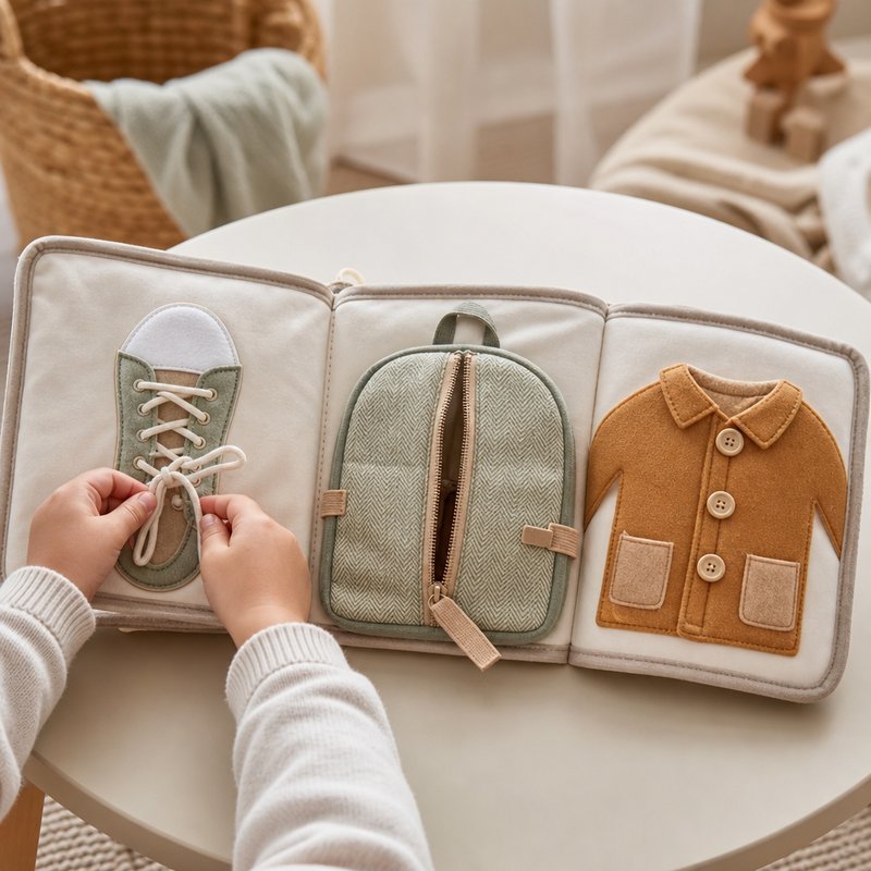 Contextual Life Skills Cloth Book in use — baby playing with cloth book