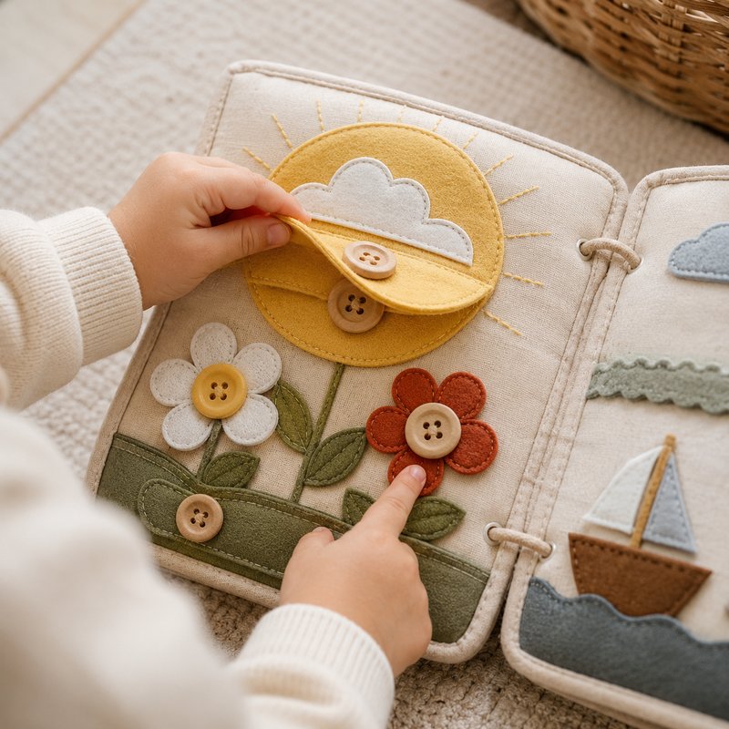 Reinforced Button Busy Book in use — baby playing with cloth book