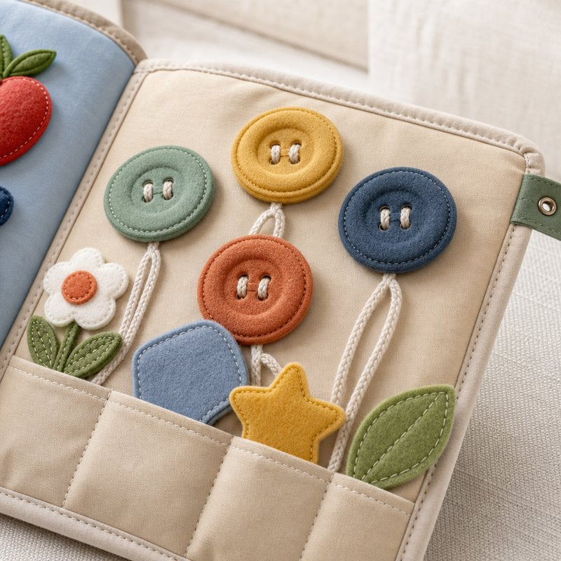 Reinforced Button Busy Book safety features — baby-safe construction