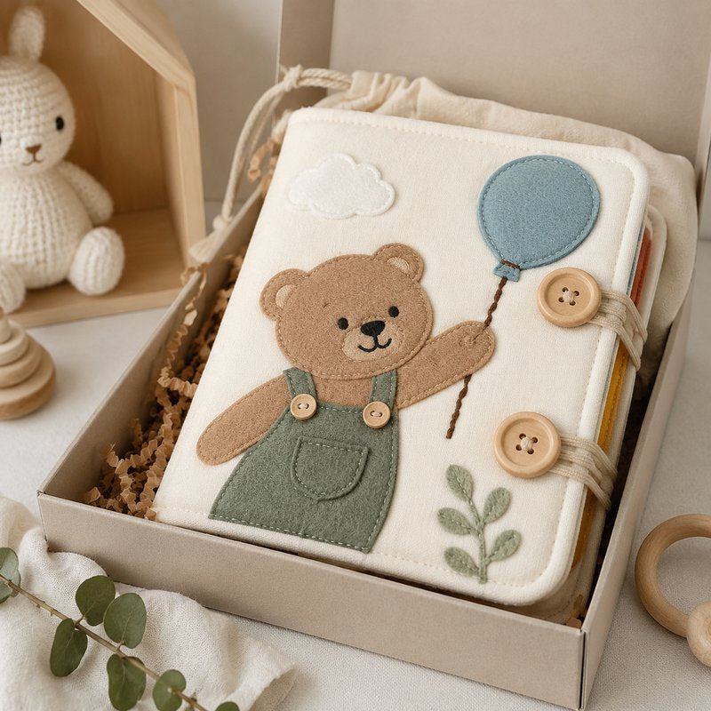 Reinforced Button Busy Book gift-ready packaging and details