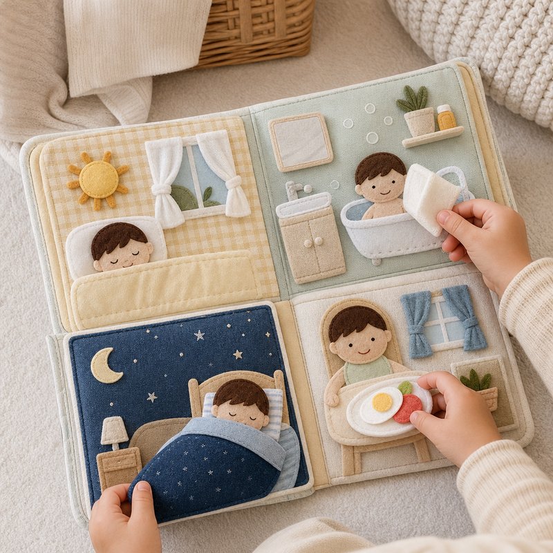Daily Routine Sequence Cloth Book in use — baby playing with cloth book