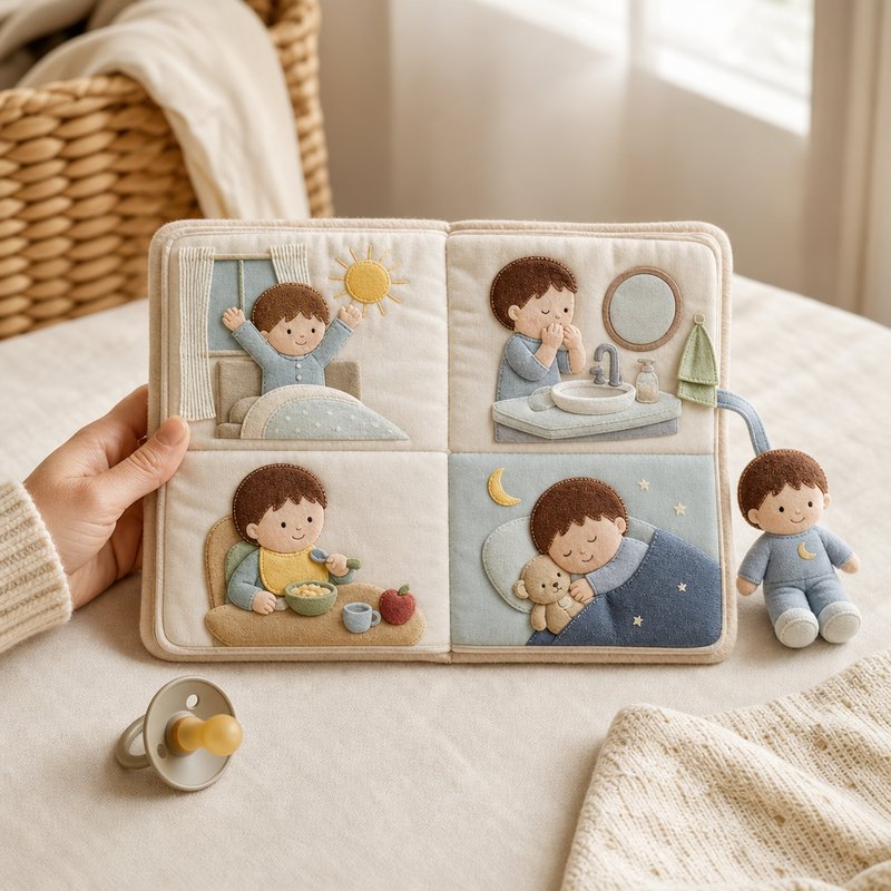 Daily Routine Sequence Cloth Book size comparison with baby hands