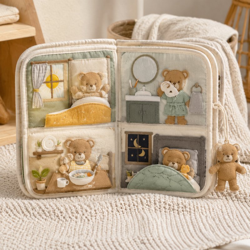 Daily Routine Sequence Cloth Book fabric texture and stitching details