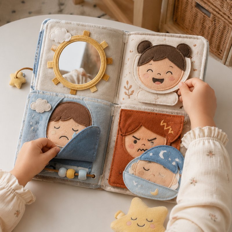 Emotion Learning Role-Play Cloth Book in use — baby playing with cloth book