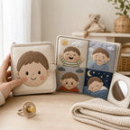 Emotion Learning Role-Play Cloth Book size comparison with baby hands