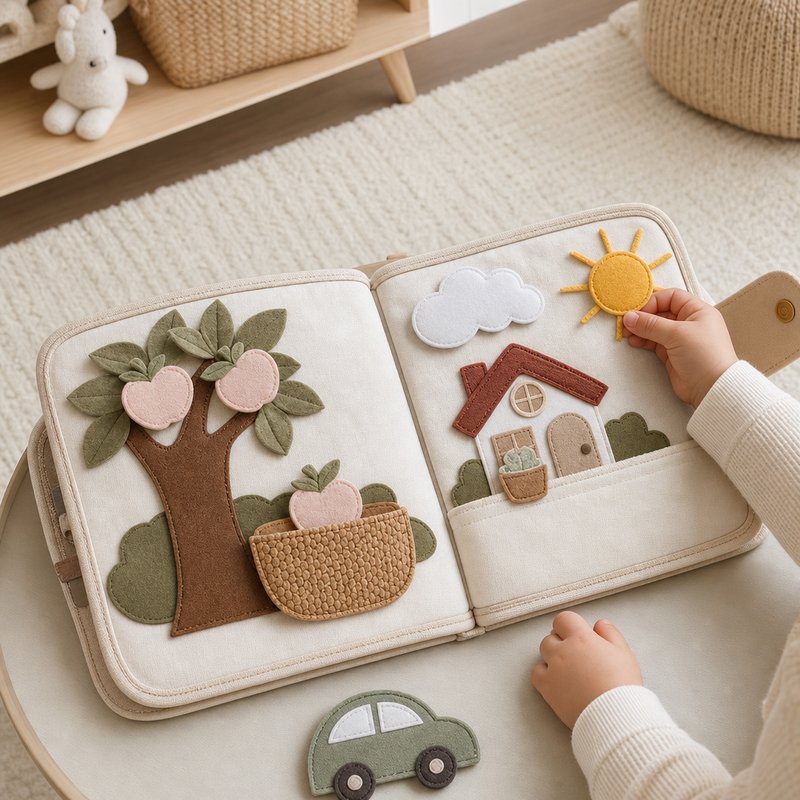 Magnetic Closure Quiet Book in use — baby playing with cloth book