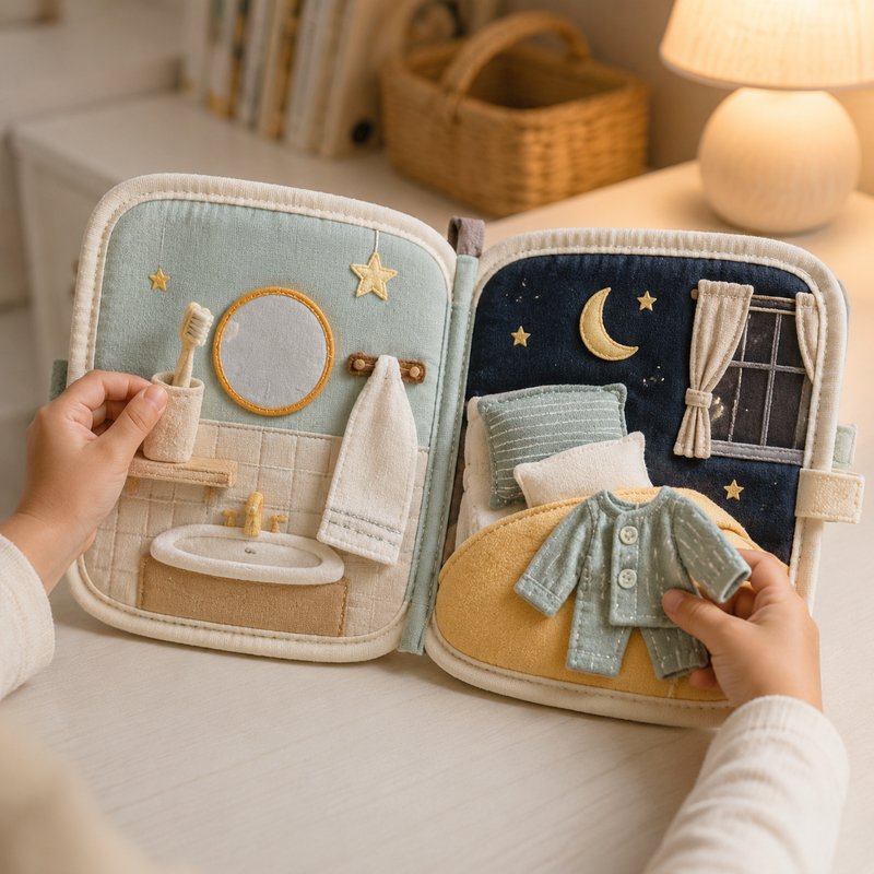 Bedtime Routine Soft Cloth Book in use — baby playing with cloth book