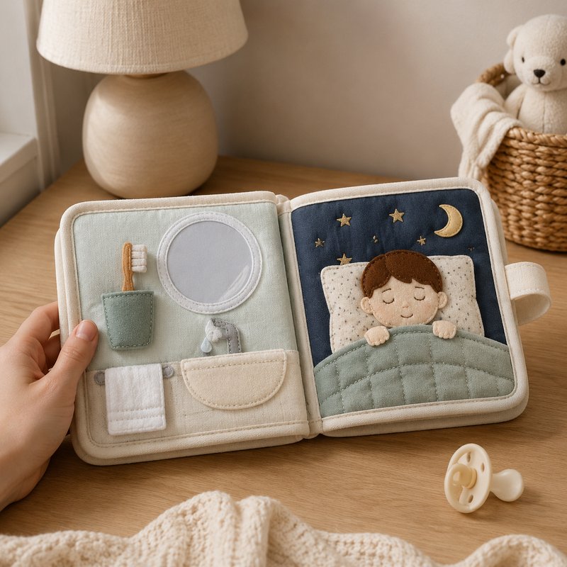 Bedtime Routine Soft Cloth Book size comparison with baby hands